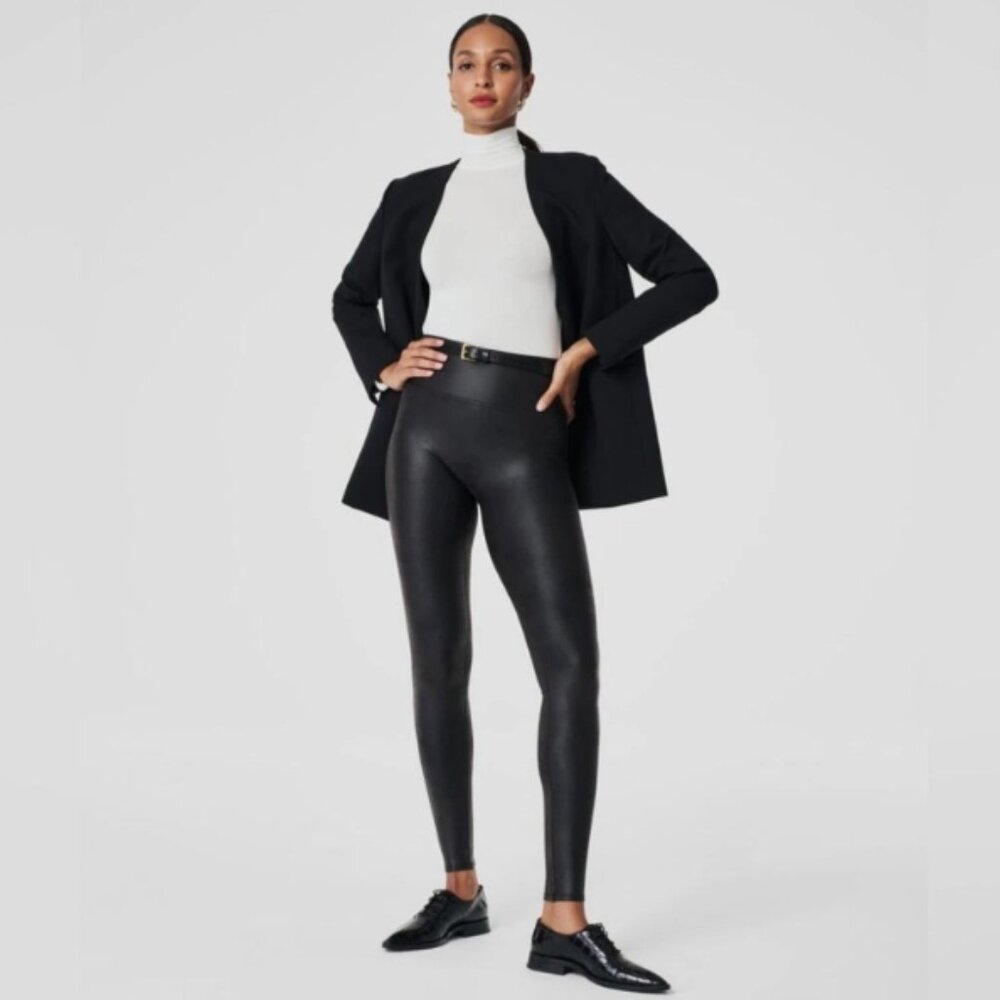 SPANX Shape Black Faux Leather High Waisted Compression Pull On Leggings Size L